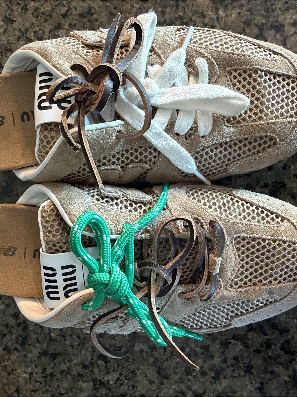 Miu Miu x New Balance Beige Suede Mesh Sneaker Clogs with Green Accent Laces - Picture 4 of 8